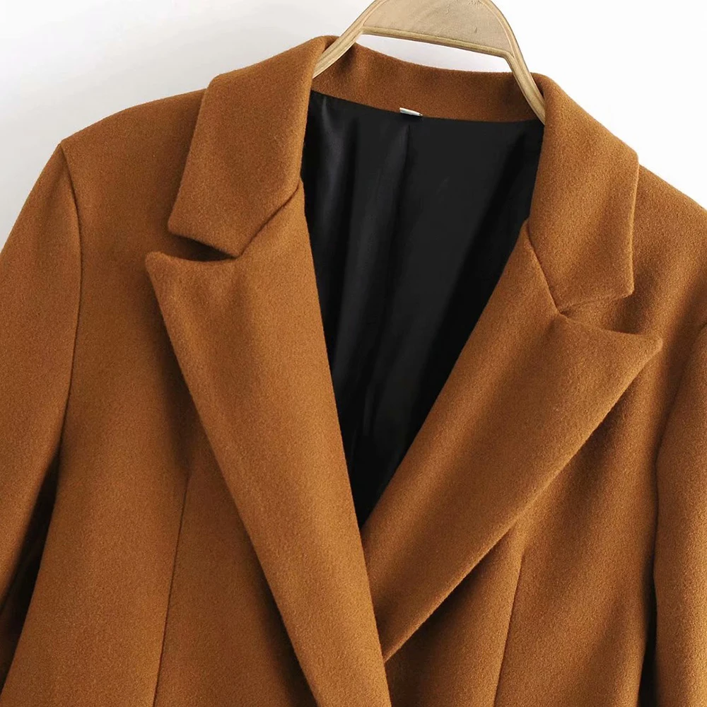 Klacwaya 2021 Women Fashion Dark Brown Woolen Coat Vintage Double Breasted Long Sleeve Female Autumn Temperament Long Coat