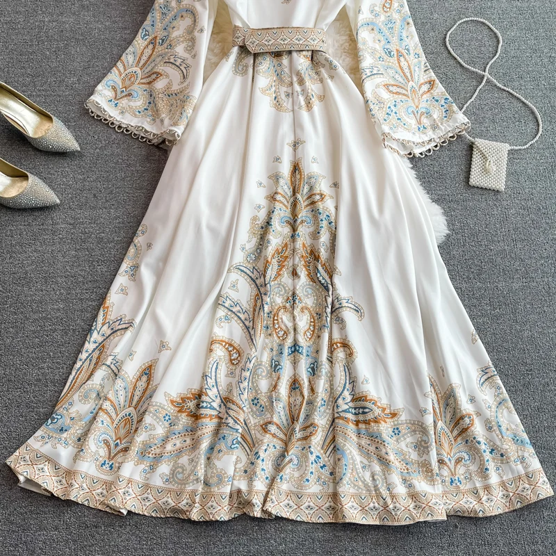 Spring Autumn Women's Dress Vintage Long Sleeve Print Floral High Waist Boho Party Maxi Vestidos Elegant Luxury Long Dresses