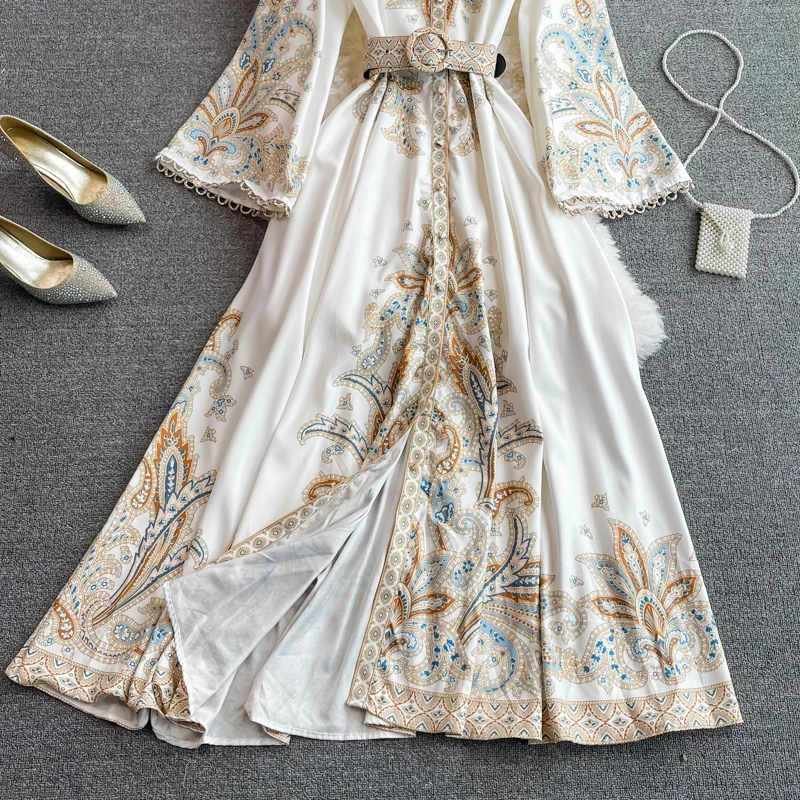 Spring Autumn Women's Dress Vintage Long Sleeve Print Floral High Waist Boho Party Maxi Vestidos Elegant Luxury Long Dresses