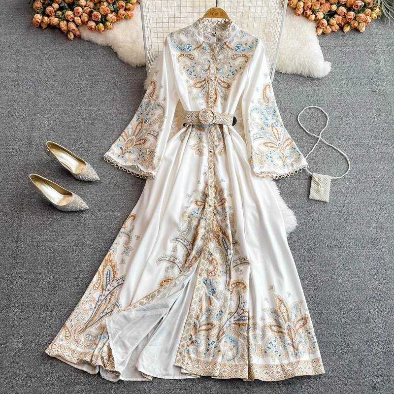 Spring Autumn Women's Dress Vintage Long Sleeve Print Floral High Waist Boho Party Maxi Vestidos Elegant Luxury Long Dresses