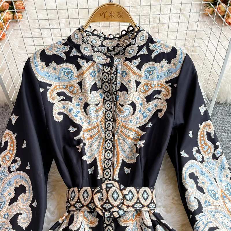 Spring Autumn Women's Dress Vintage Long Sleeve Print Floral High Waist Boho Party Maxi Vestidos Elegant Luxury Long Dresses