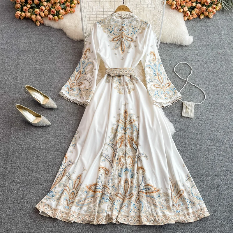 Spring Autumn Women's Dress Vintage Long Sleeve Print Floral High Waist Boho Party Maxi Vestidos Elegant Luxury Long Dresses