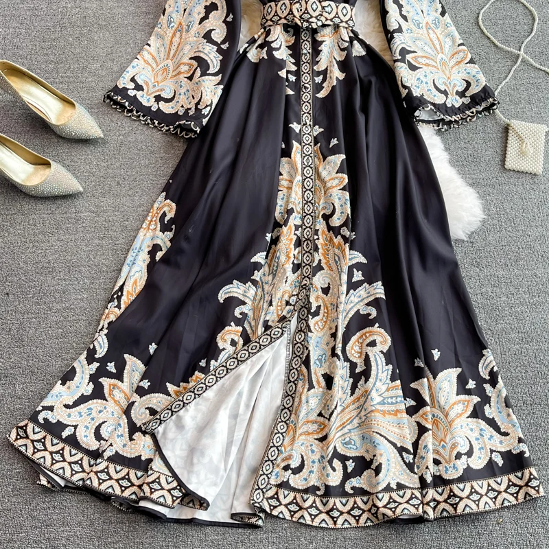 Spring Autumn Women's Dress Vintage Long Sleeve Print Floral High Waist Boho Party Maxi Vestidos Elegant Luxury Long Dresses