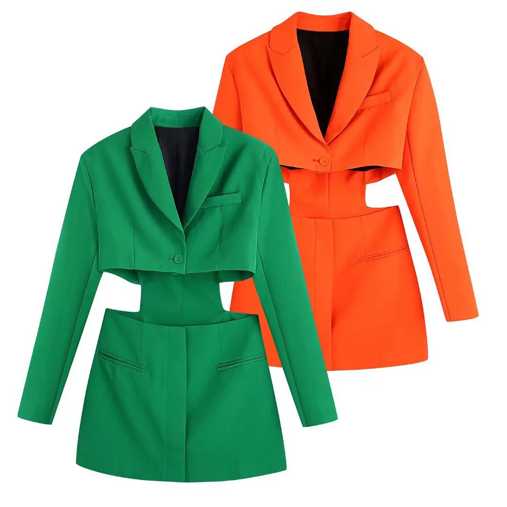 Klacwaya Women 2021 Fashion Chic Hollow Out Mini Dress Vintage Long Sleeve Welt Pockets Female Mini Dresses Mujer