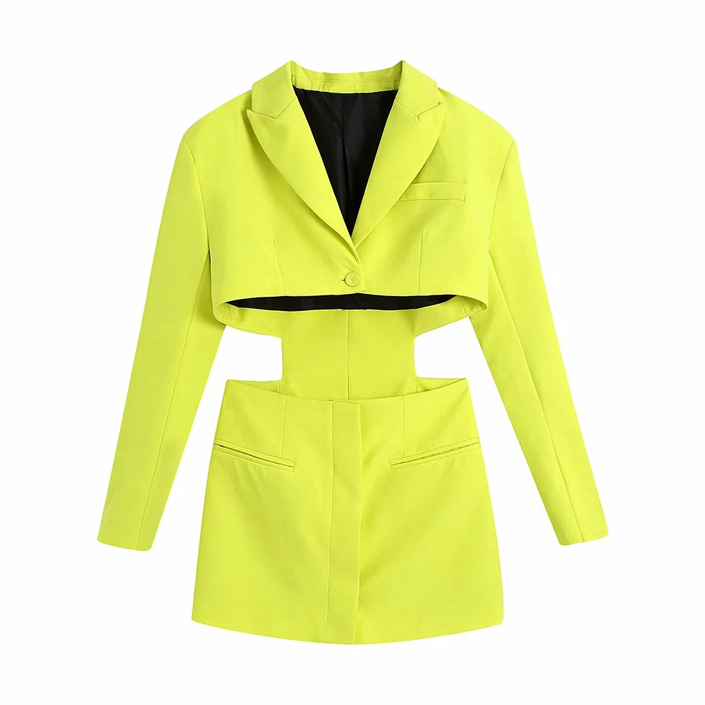 Klacwaya Women 2021 Fashion Chic Hollow Out Mini Dress Vintage Long Sleeve Welt Pockets Female Mini Dresses Mujer