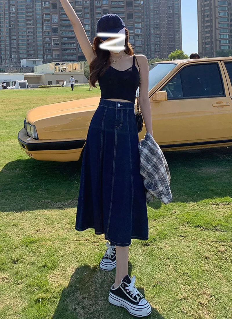 Lucyever Korean Style High Waist Long Skirts for Women Fashion 2023 Summer Thin A-Line Denim Skirt Women's All-Match Midi Skirts