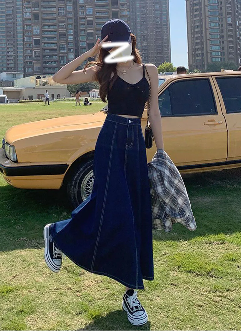 Lucyever Korean Style High Waist Long Skirts for Women Fashion 2023 Summer Thin A-Line Denim Skirt Women's All-Match Midi Skirts