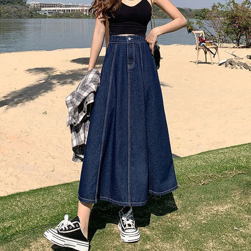 Lucyever Korean Style High Waist Long Skirts for Women Fashion 2023 Summer Thin A-Line Denim Skirt Women's All-Match Midi Skirts