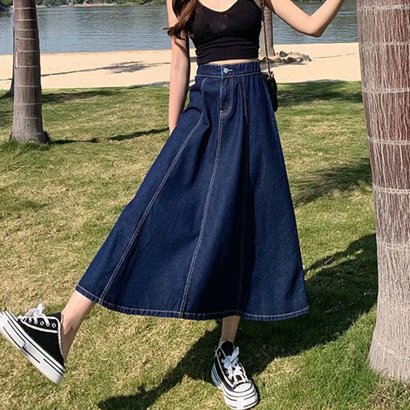 Lucyever Korean Style High Waist Long Skirts for Women Fashion 2023 Summer Thin A-Line Denim Skirt Women's All-Match Midi Skirts