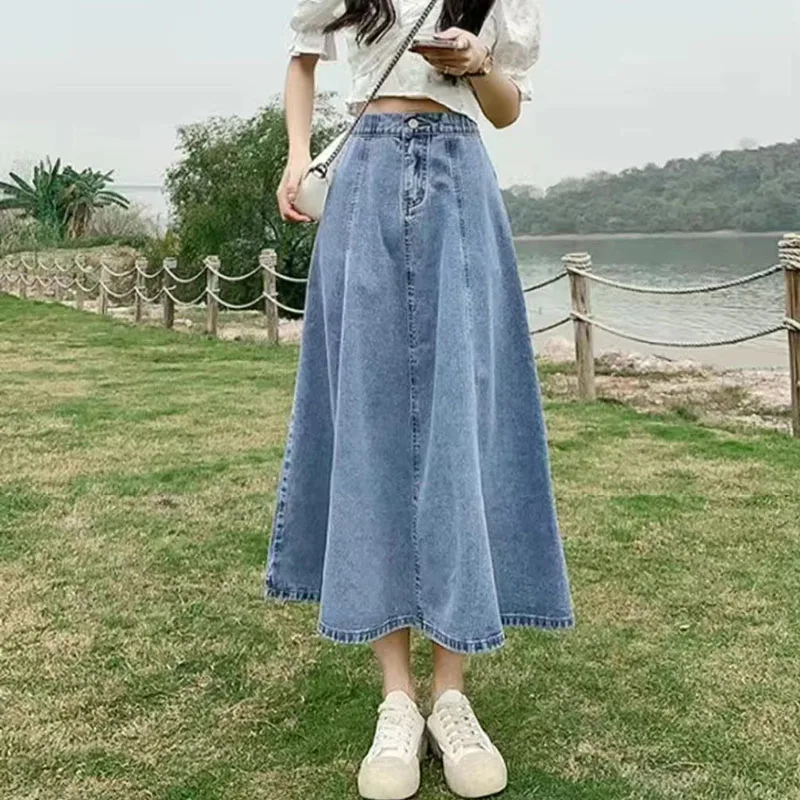Lucyever Korean Style High Waist Long Skirts for Women Fashion 2023 Summer Thin A-Line Denim Skirt Women's All-Match Midi Skirts