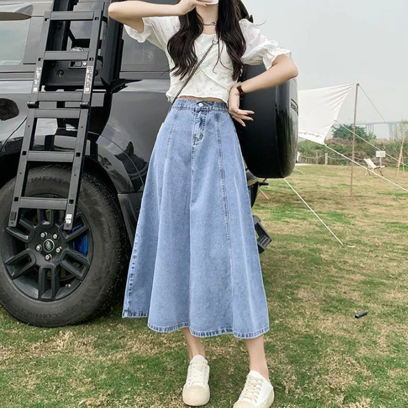 Lucyever Korean Style High Waist Long Skirts for Women Fashion 2023 Summer Thin A-Line Denim Skirt Women's All-Match Midi Skirts