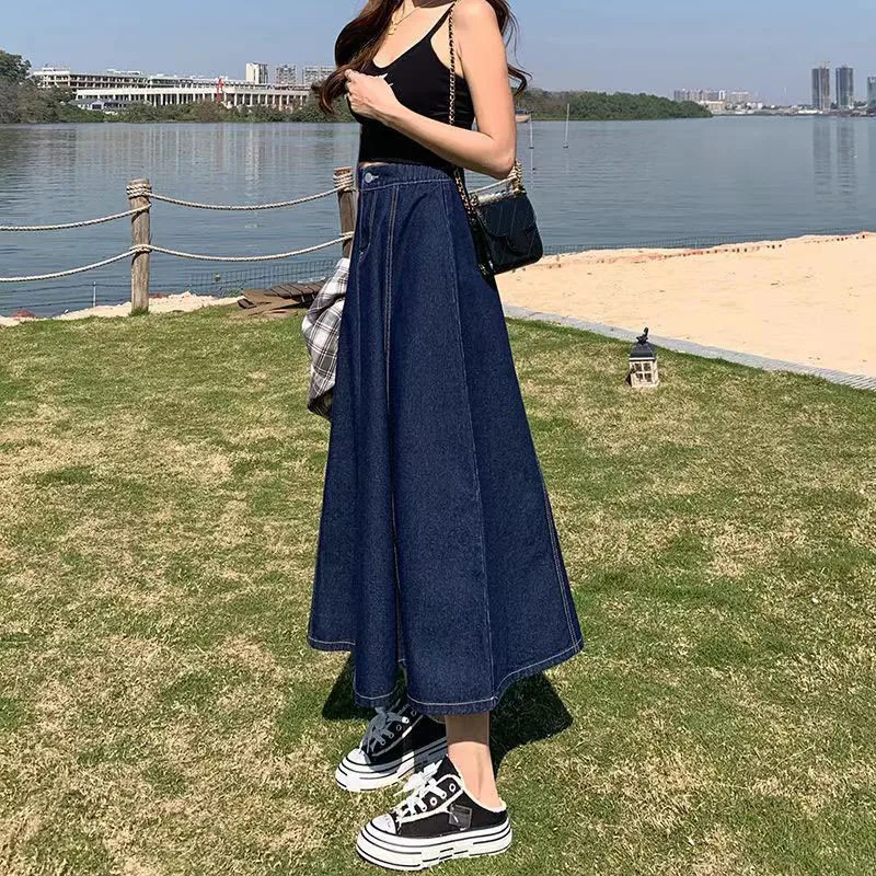 Lucyever Korean Style High Waist Long Skirts for Women Fashion 2023 Summer Thin A-Line Denim Skirt Women's All-Match Midi Skirts