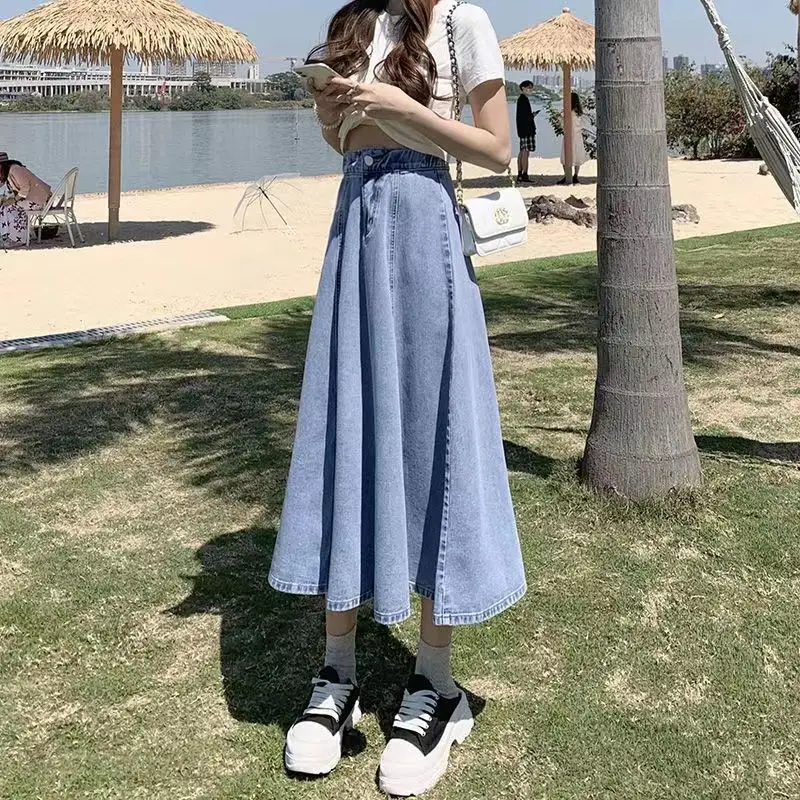 Lucyever Korean Style High Waist Long Skirts for Women Fashion 2023 Summer Thin A-Line Denim Skirt Women's All-Match Midi Skirts