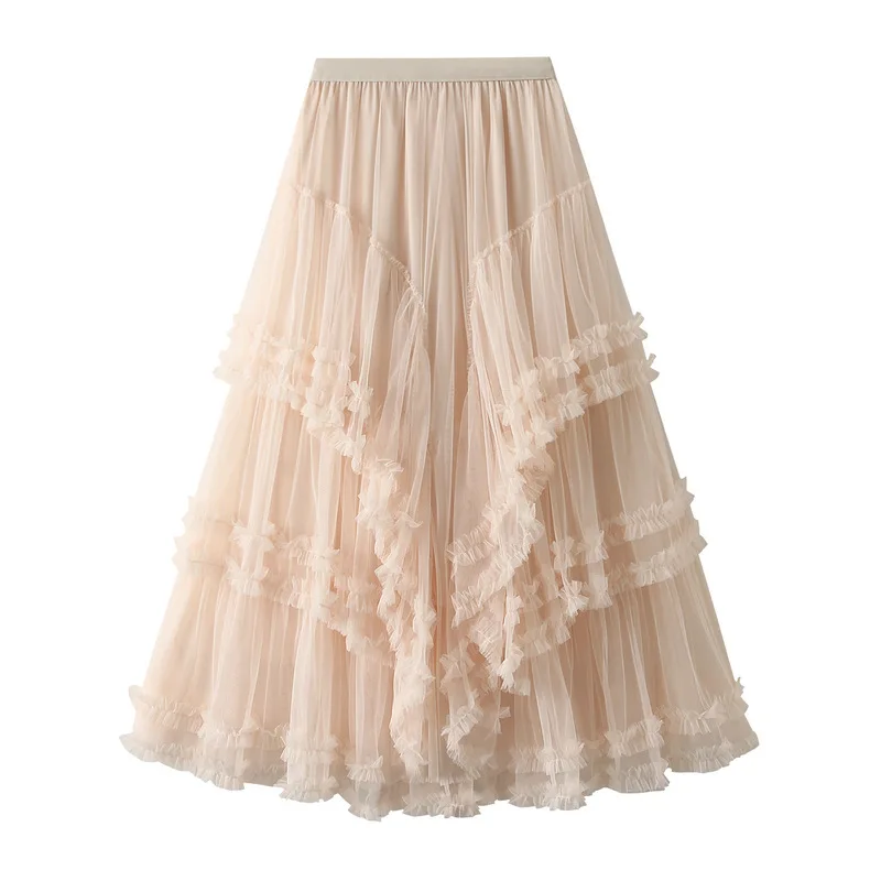 Beige Maxi Long Tulle Skirt Women Spring Summer Mesh Big Hem A-line Skirt Female Lengthen Red Party Skirt Clothes for Lady