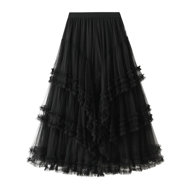 Beige Maxi Long Tulle Skirt Women Spring Summer Mesh Big Hem A-line Skirt Female Lengthen Red Party Skirt Clothes for Lady