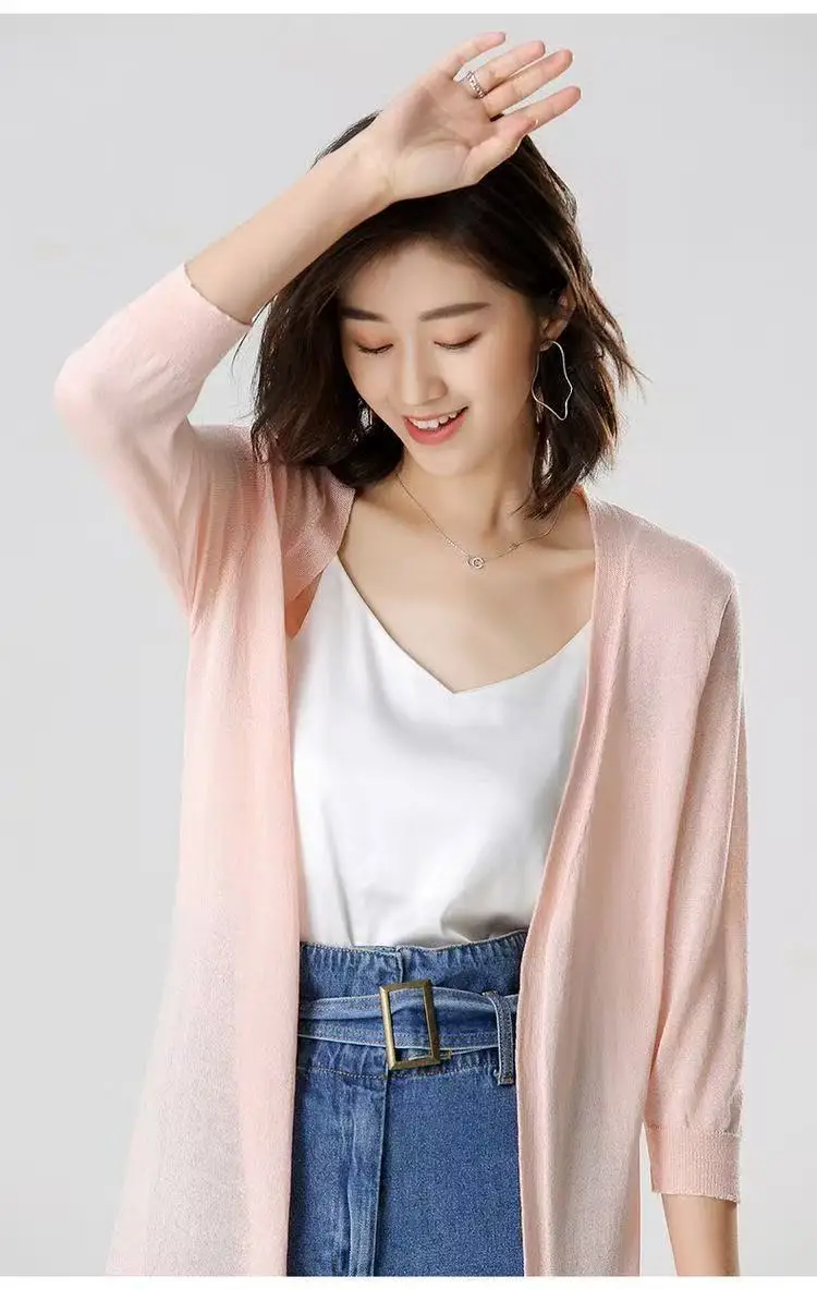 2025Women Spring Summer Sun Protection Clothing Long Cardigan Female Knitted Sweater Women Ice shreds Coat Ladies Shawl