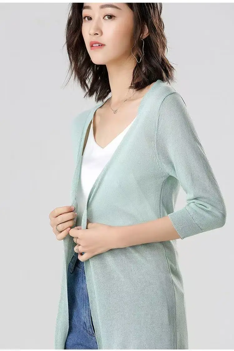 2025Women Spring Summer Sun Protection Clothing Long Cardigan Female Knitted Sweater Women Ice shreds Coat Ladies Shawl