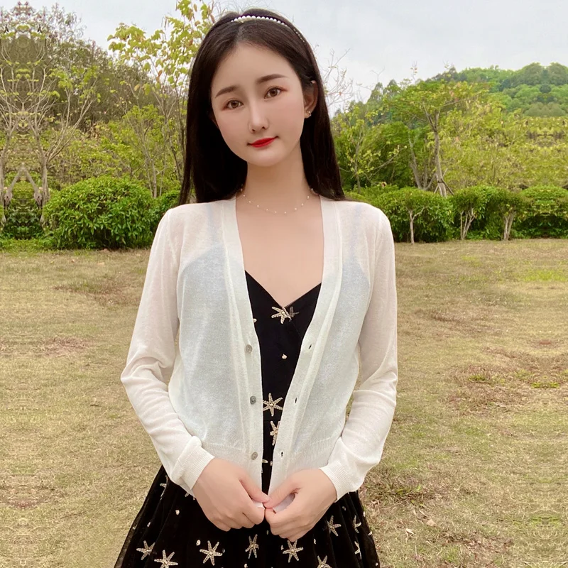 Knitted Ladies Sweaters Women's Coat Summer Cardigan Cropped Basic V-neck Tricot Black Cute Crochet Top Girls White Outerwear