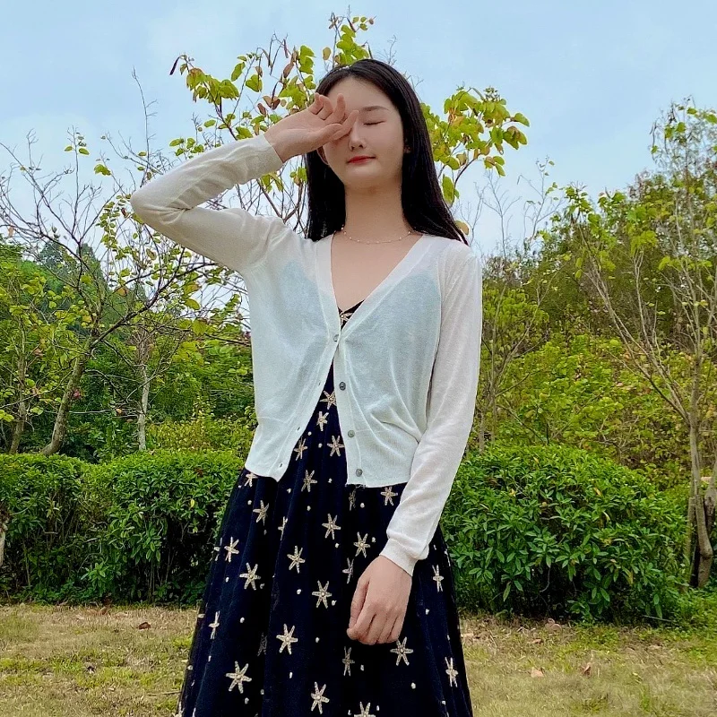 Knitted Ladies Sweaters Women's Coat Summer Cardigan Cropped Basic V-neck Tricot Black Cute Crochet Top Girls White Outerwear