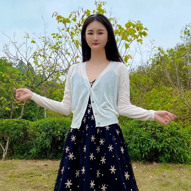 Knitted Ladies Sweaters Women's Coat Summer Cardigan Cropped Basic V-neck Tricot Black Cute Crochet Top Girls White Outerwear