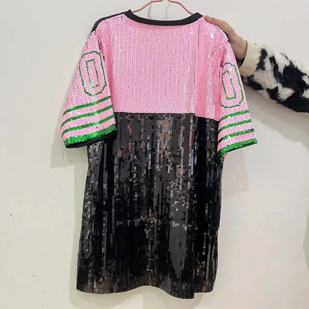 Women Plus Size T-Shirt Dress Glitter Sequin Jersey Letter 08 Print Loose O Neck Hippy Hip Hop Bling Long Tee Tops For Ladies