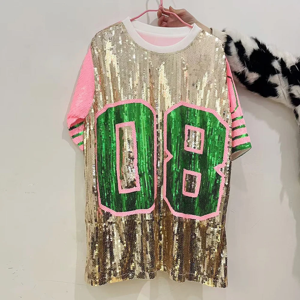 Women Plus Size T-Shirt Dress Glitter Sequin Jersey Letter 08 Print Loose O Neck Hippy Hip Hop Bling Long Tee Tops For Ladies