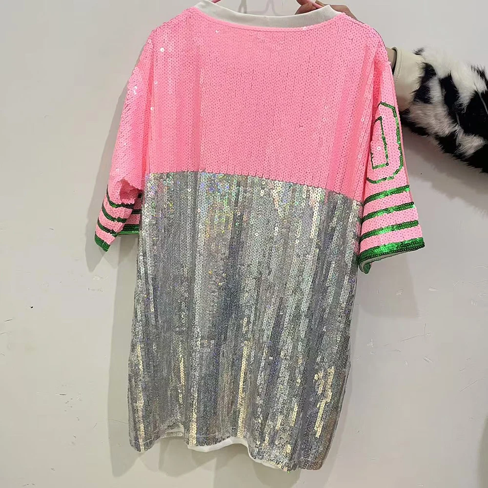 Women Plus Size T-Shirt Dress Glitter Sequin Jersey Letter 08 Print Loose O Neck Hippy Hip Hop Bling Long Tee Tops For Ladies