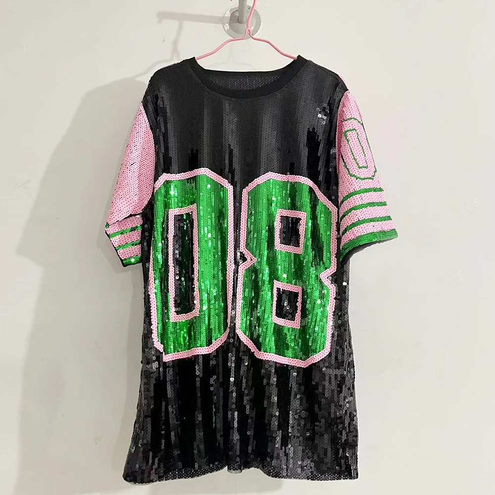Women Plus Size T-Shirt Dress Glitter Sequin Jersey Letter 08 Print Loose O Neck Hippy Hip Hop Bling Long Tee Tops For Ladies