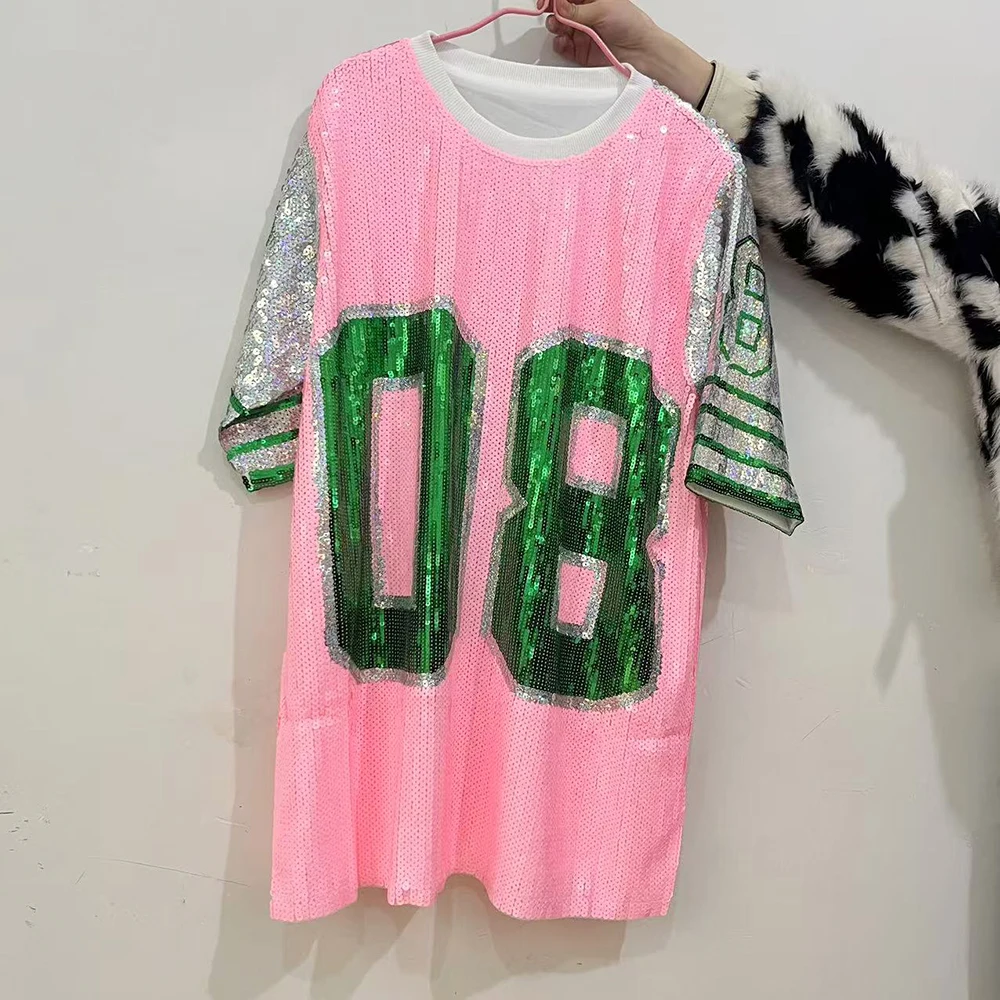 Women Plus Size T-Shirt Dress Glitter Sequin Jersey Letter 08 Print Loose O Neck Hippy Hip Hop Bling Long Tee Tops For Ladies