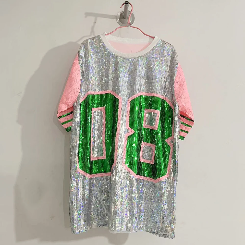 Women Plus Size T-Shirt Dress Glitter Sequin Jersey Letter 08 Print Loose O Neck Hippy Hip Hop Bling Long Tee Tops For Ladies