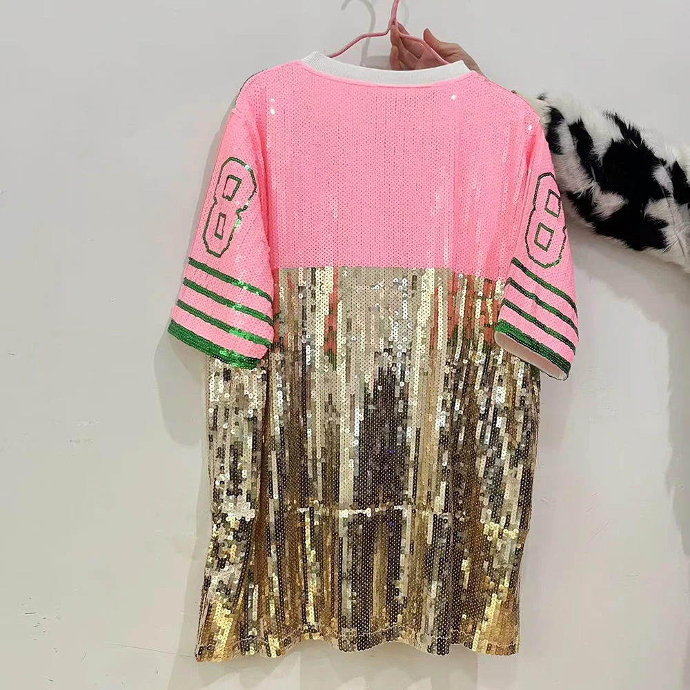 Women Plus Size T-Shirt Dress Glitter Sequin Jersey Letter 08 Print Loose O Neck Hippy Hip Hop Bling Long Tee Tops For Ladies