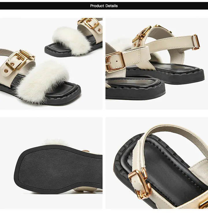 BeauToday Flat Sandals Women Cow Leather Square Toe Mink design Buckle Strap Elegant Female Furry Shoes Handmade 32372