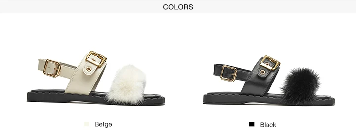 BeauToday Flat Sandals Women Cow Leather Square Toe Mink design Buckle Strap Elegant Female Furry Shoes Handmade 32372