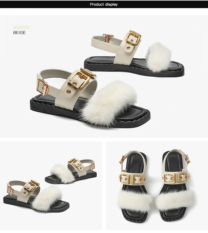 BeauToday Flat Sandals Women Cow Leather Square Toe Mink design Buckle Strap Elegant Female Furry Shoes Handmade 32372