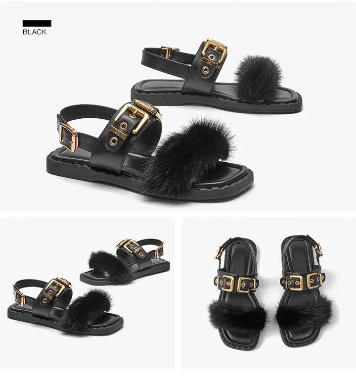 BeauToday Flat Sandals Women Cow Leather Square Toe Mink design Buckle Strap Elegant Female Furry Shoes Handmade 32372