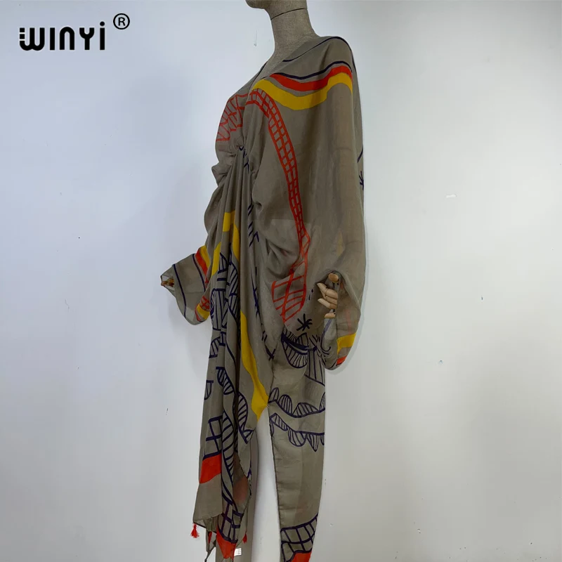 WINYI Graffiti Print Swimsuit Cover Up Women Beach Tassels Dress Sexy V-neck Dresses Summer Woman Clothes Robe Fashion Kaftan