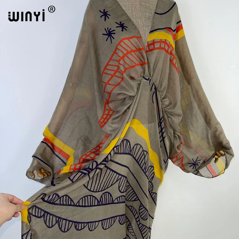 WINYI Graffiti Print Swimsuit Cover Up Women Beach Tassels Dress Sexy V-neck Dresses Summer Woman Clothes Robe Fashion Kaftan