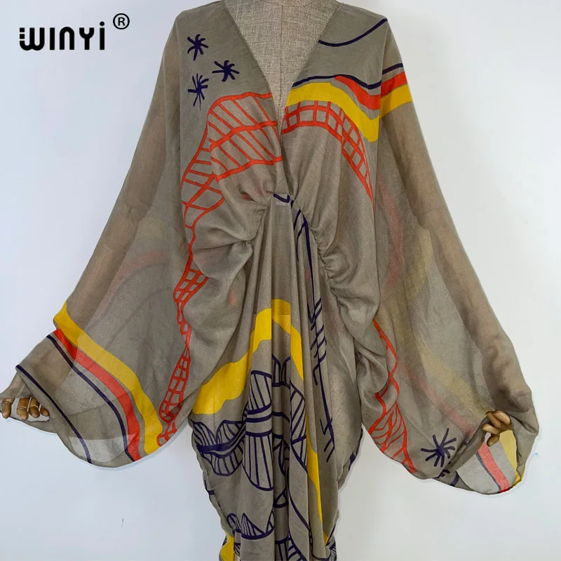 WINYI Graffiti Print Swimsuit Cover Up Women Beach Tassels Dress Sexy V-neck Dresses Summer Woman Clothes Robe Fashion Kaftan