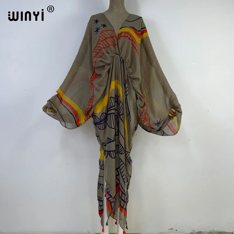 WINYI Graffiti Print Swimsuit Cover Up Women Beach Tassels Dress Sexy V-neck Dresses Summer Woman Clothes Robe Fashion Kaftan