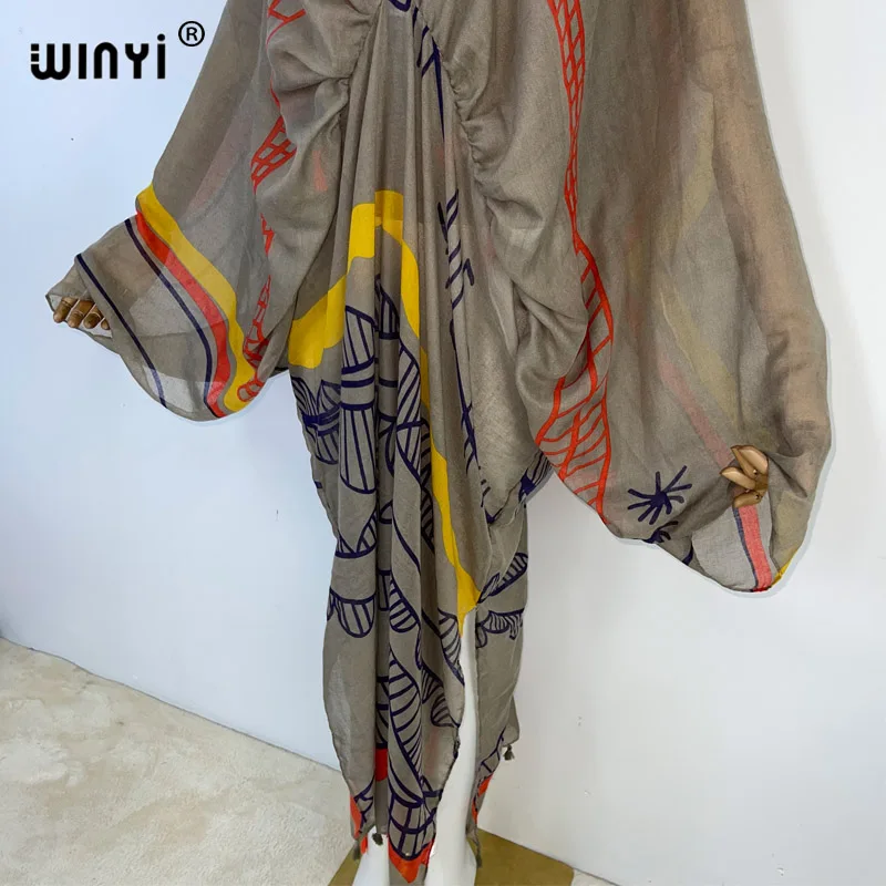 WINYI Graffiti Print Swimsuit Cover Up Women Beach Tassels Dress Sexy V-neck Dresses Summer Woman Clothes Robe Fashion Kaftan