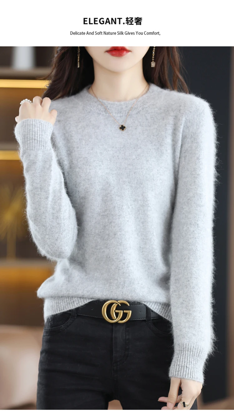 Autumn and Winter New Women's 100% Mink Cashmere Sweater O-Neck Knitted Pullover Casual Loose Large Basic Fashion Top