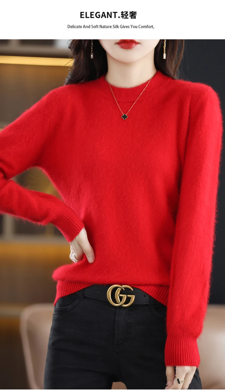 Autumn and Winter New Women's 100% Mink Cashmere Sweater O-Neck Knitted Pullover Casual Loose Large Basic Fashion Top