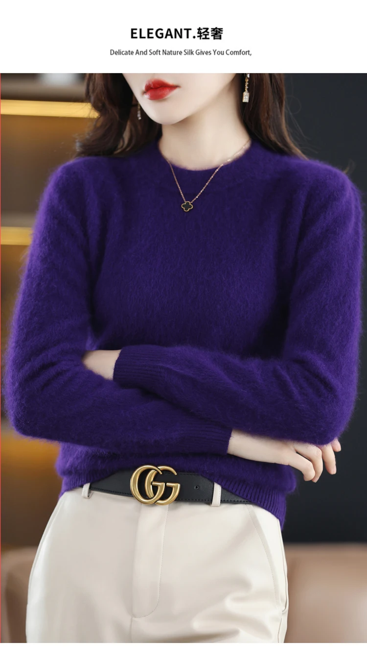 Autumn and Winter New Women's 100% Mink Cashmere Sweater O-Neck Knitted Pullover Casual Loose Large Basic Fashion Top