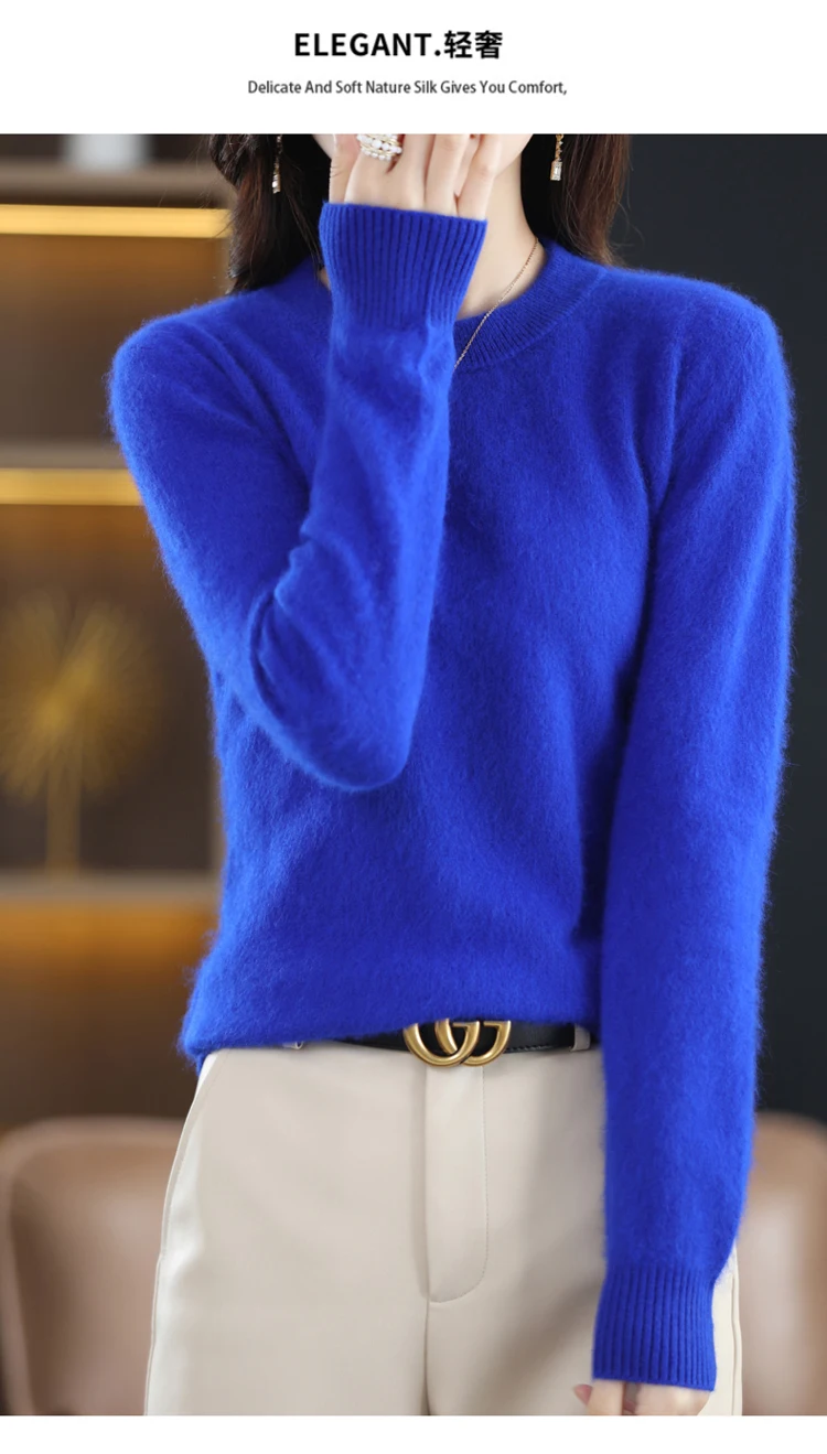Autumn and Winter New Women's 100% Mink Cashmere Sweater O-Neck Knitted Pullover Casual Loose Large Basic Fashion Top