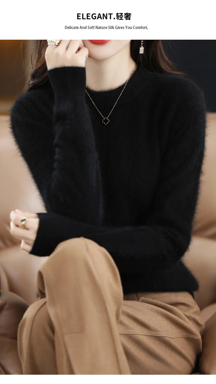 Autumn and Winter New Women's 100% Mink Cashmere Sweater O-Neck Knitted Pullover Casual Loose Large Basic Fashion Top