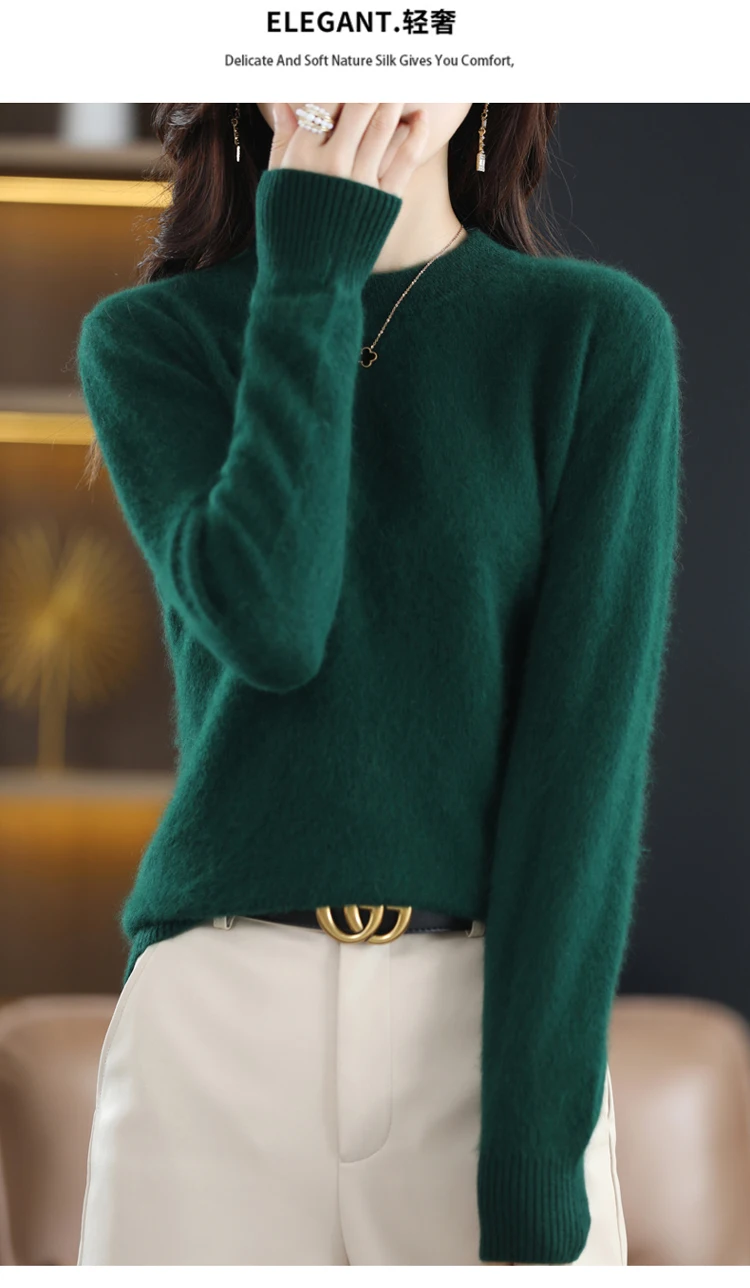 Autumn and Winter New Women's 100% Mink Cashmere Sweater O-Neck Knitted Pullover Casual Loose Large Basic Fashion Top