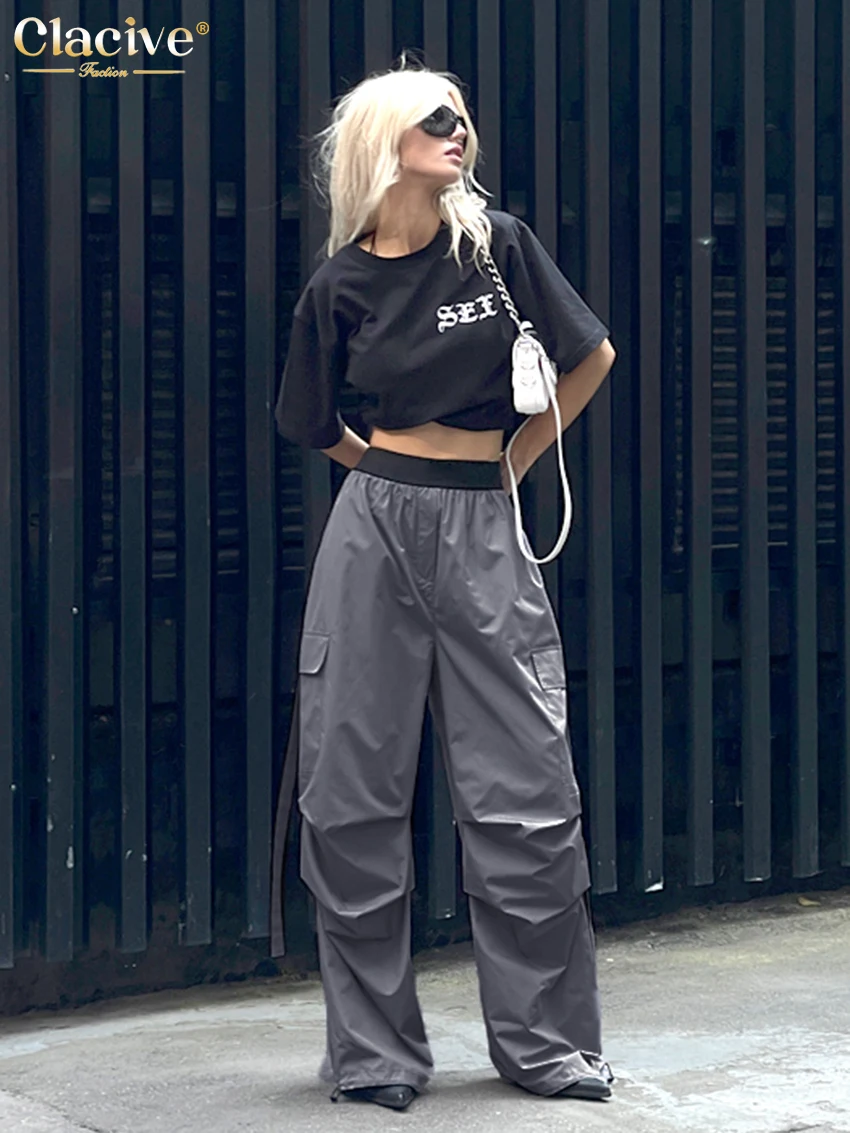 Clacive Fashion Loose Black Cargo Pants Women Elegant Elastic Waist Full Length Pants Casual Straight Trousers Female Clothing