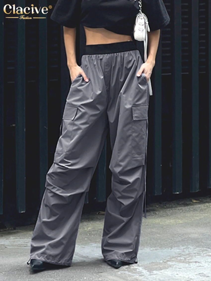 Clacive Fashion Loose Black Cargo Pants Women Elegant Elastic Waist Full Length Pants Casual Straight Trousers Female Clothing