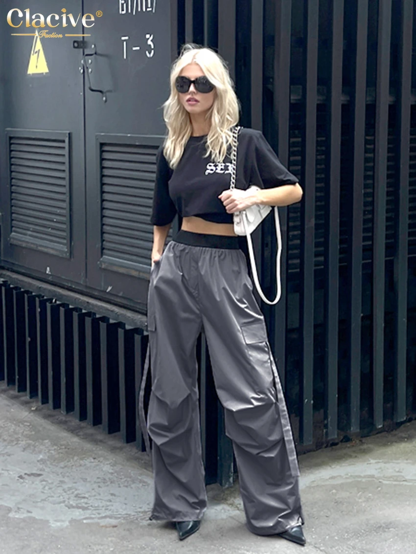 Clacive Fashion Loose Black Cargo Pants Women Elegant Elastic Waist Full Length Pants Casual Straight Trousers Female Clothing