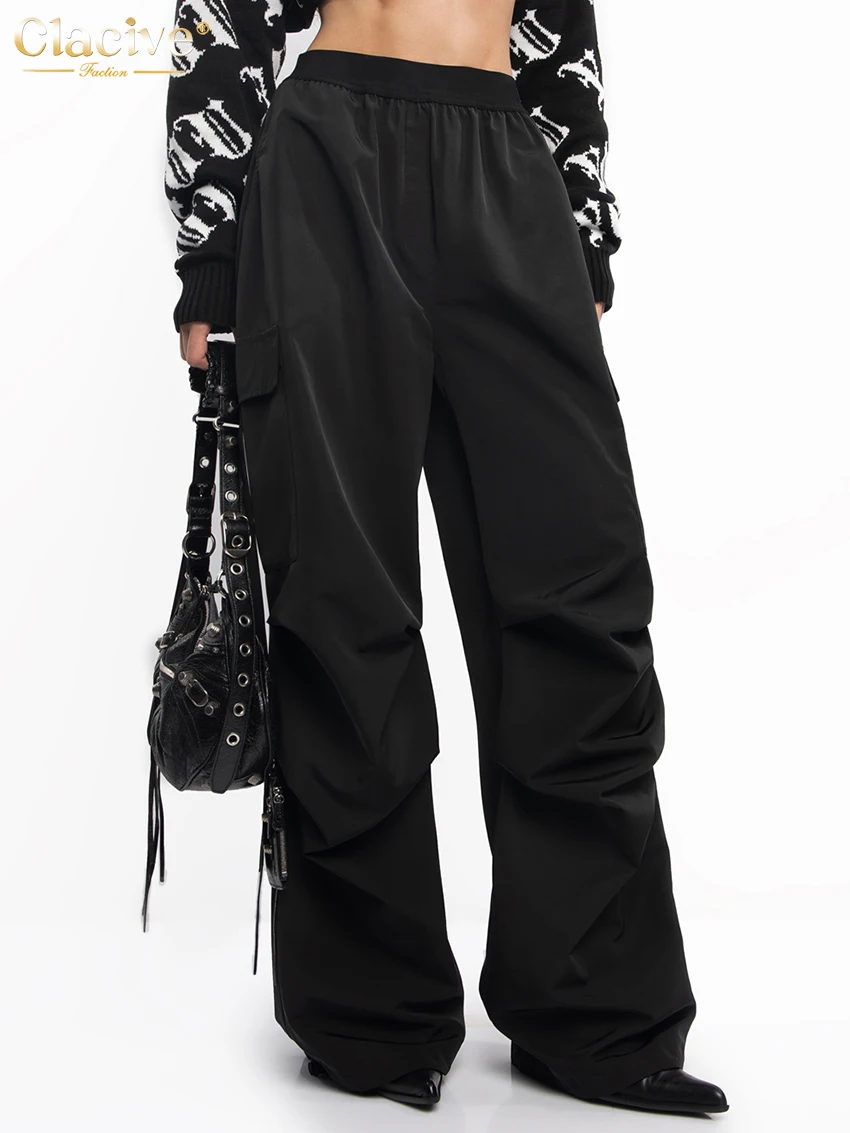 Clacive Fashion Loose Black Cargo Pants Women Elegant Elastic Waist Full Length Pants Casual Straight Trousers Female Clothing